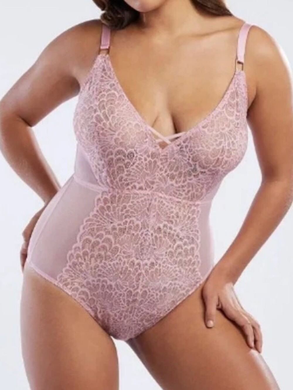Savage X Fenty Pink Gold Metallic Floral Lace Teddy Bodysuit Lingerie Size 2X